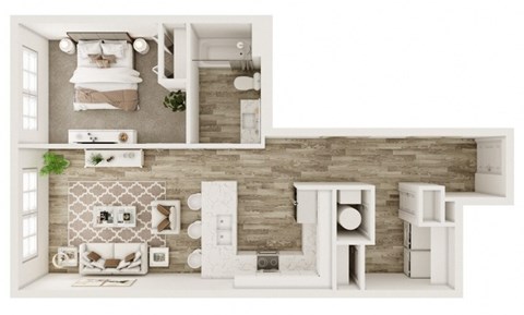 A white and wood themed living room with a couch, coffee table, and a potted plant.